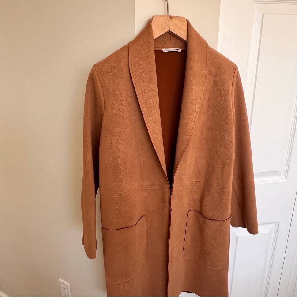 Zara Brown/Camel Faux Suede Longline Coat - Picture 2 of 12